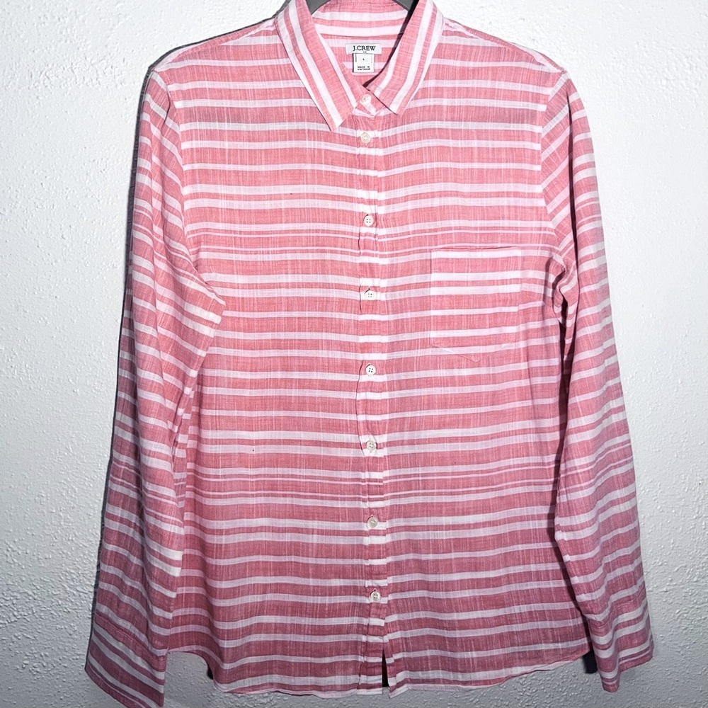 J.Crew Slim Fit Pink White Striped 100% Cotton Button Down Preppy Shirt Size L